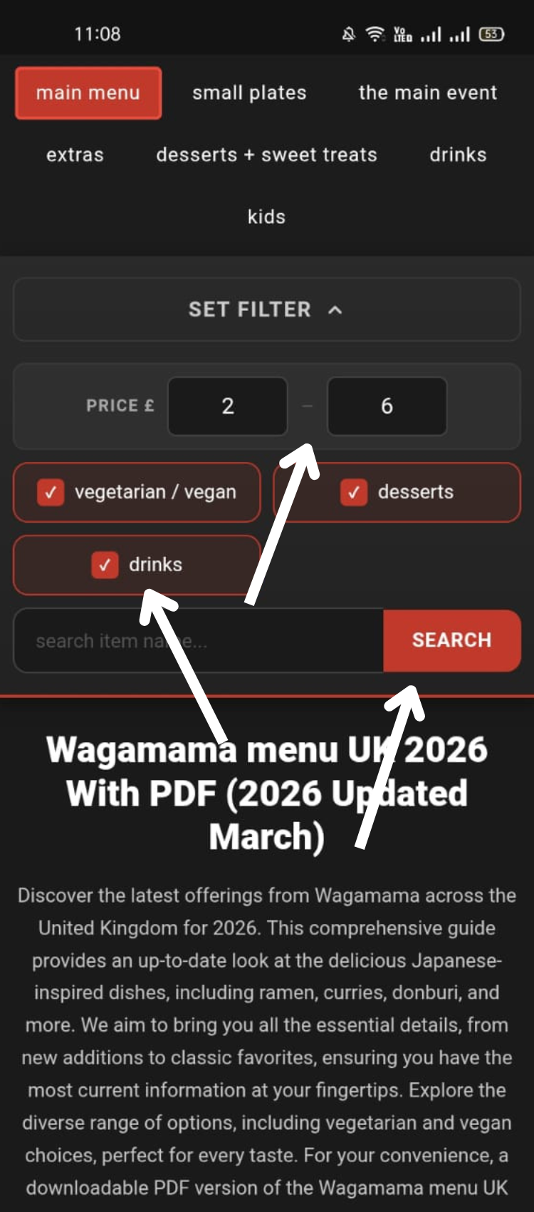 Set your meal filters