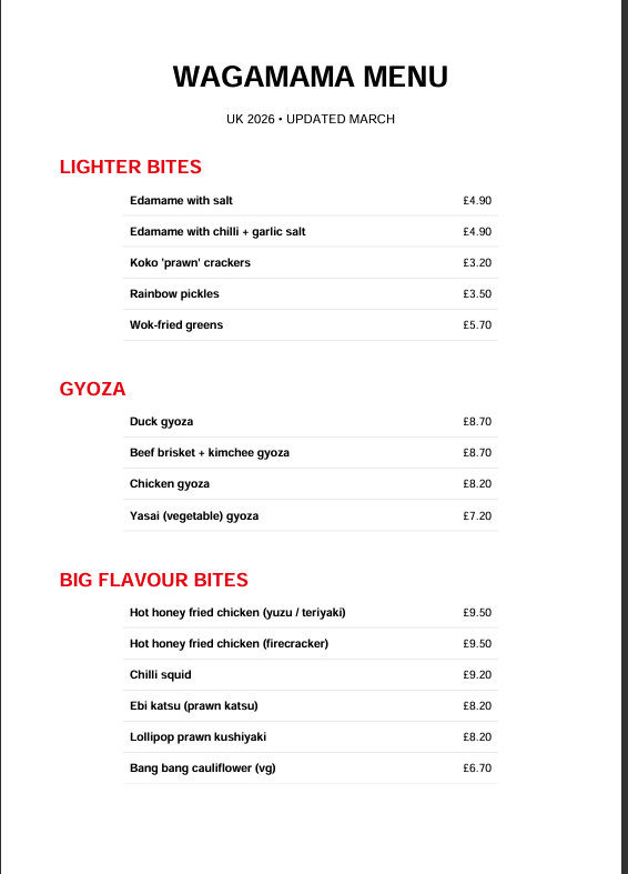 Wagamama menu PDF preview